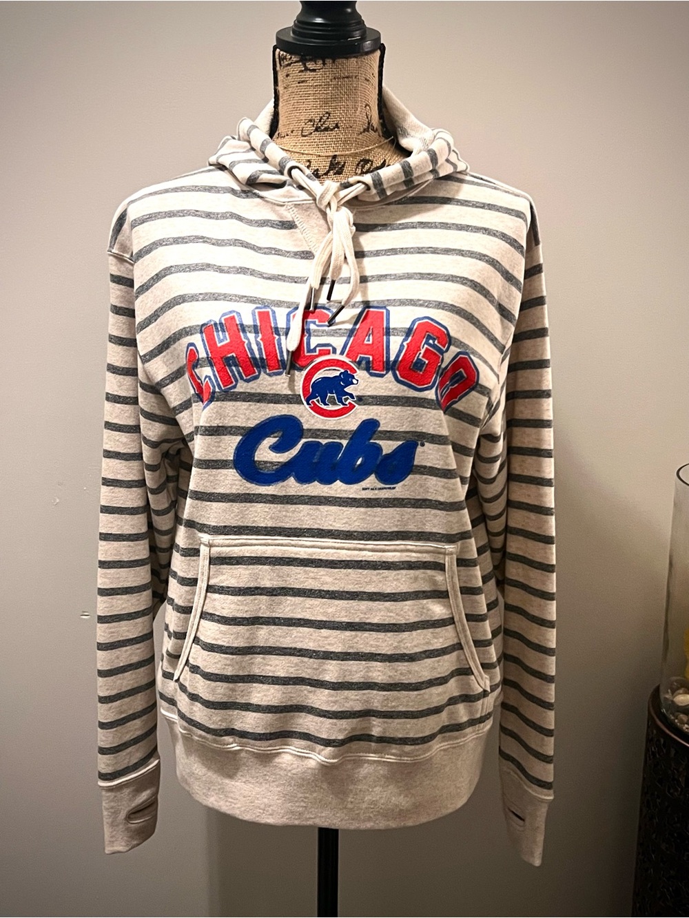 Chicago Cubs Striped Hoodie Sweatshirt - Cream & Gray